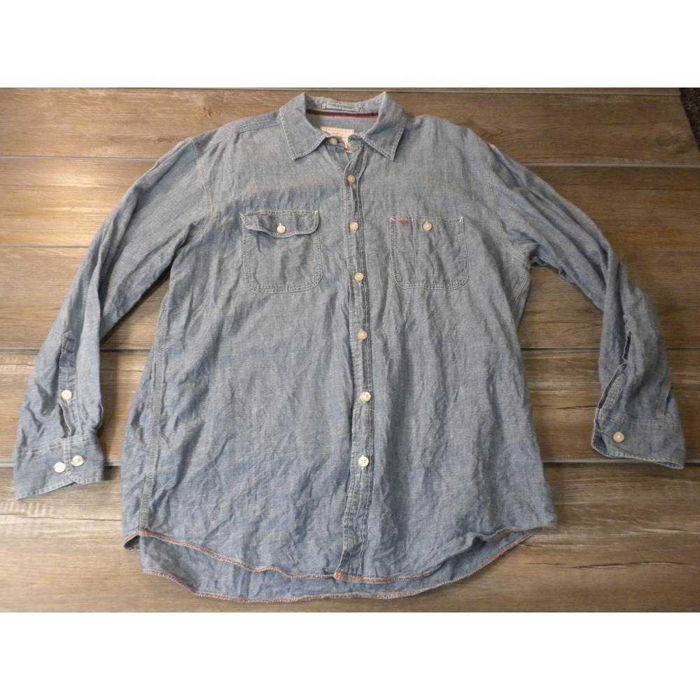 Orvis Shirt Mens L Blue Chambray Hemp Organic Cotton Blend Chunky Button Earthy
